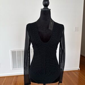 BCBGMaxAzria Black Mesh Long Sleeve Bodysuit